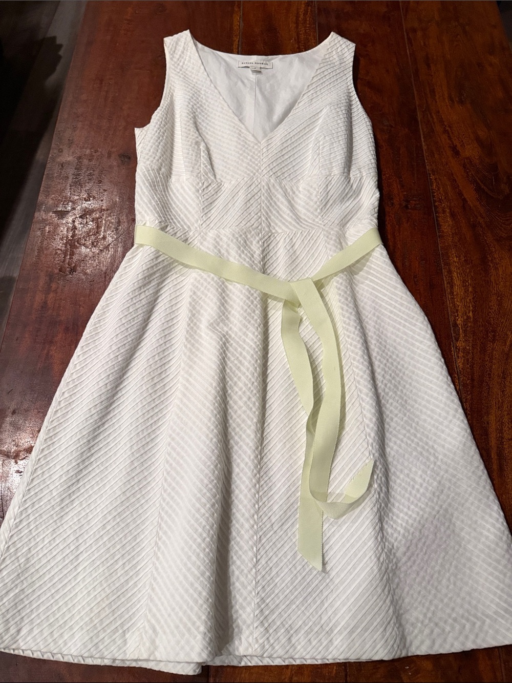 Banana Republic White Textured Fit-and-Flare Dress with Pale Yellow Sash